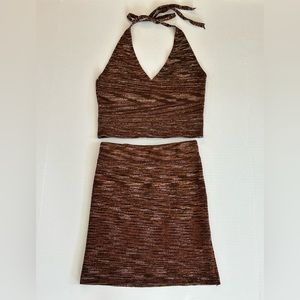 Peppermayo knit two-piece set, brown halter top and mini skirt festival outfit
